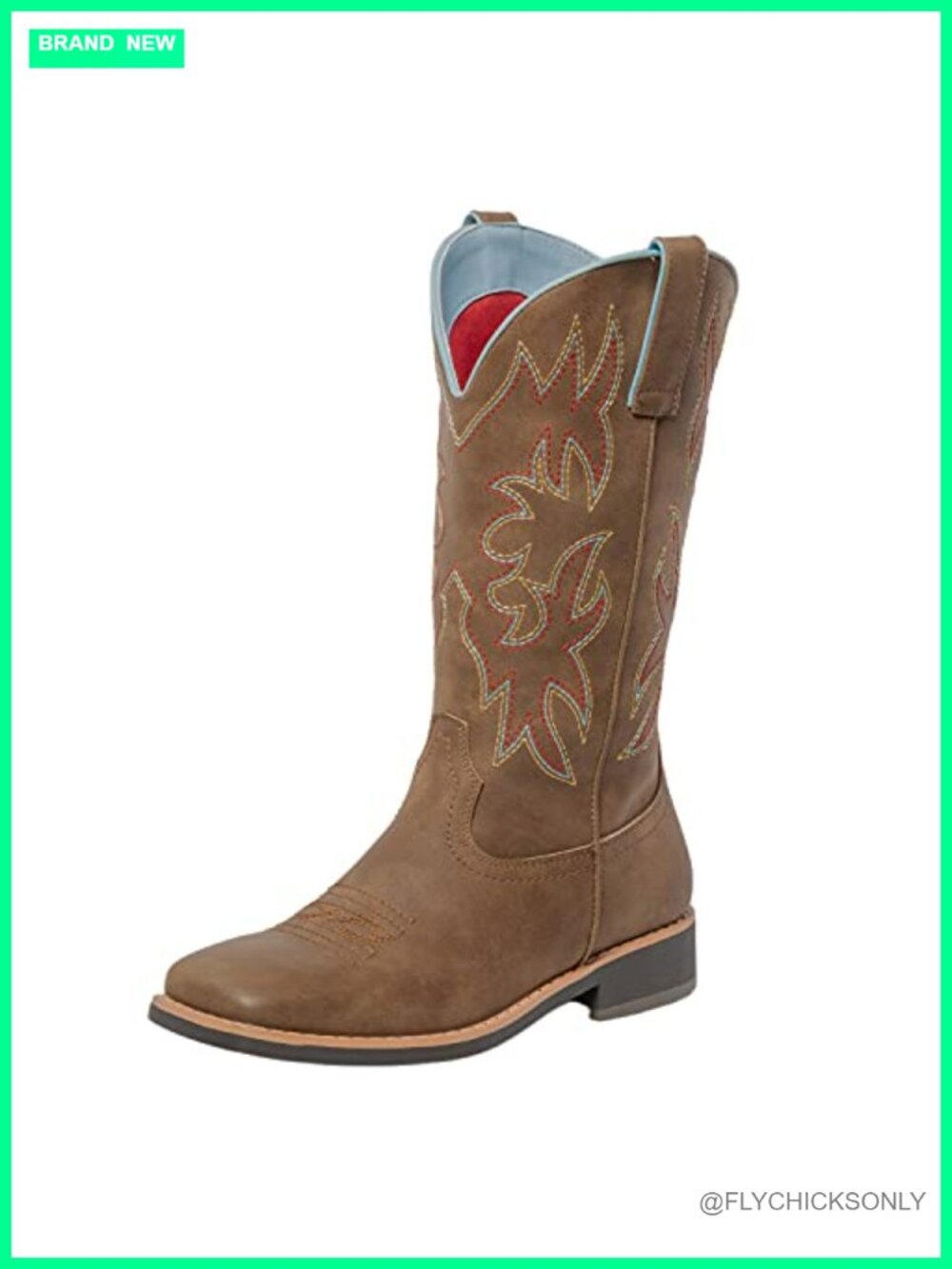 Womens Faux Leather Western Cowboy Boots Embroidered Square Toe Mid-Calf Chunky